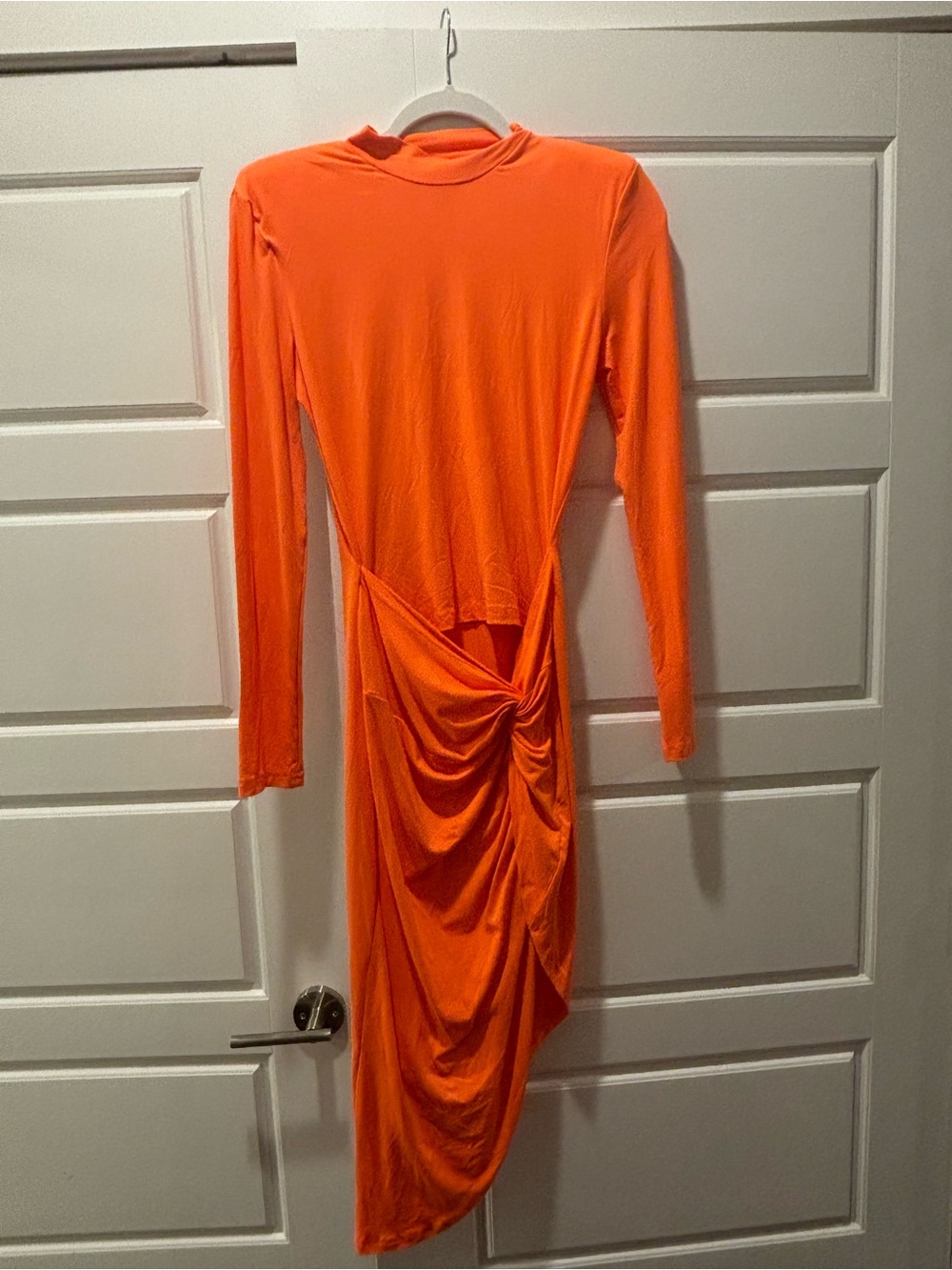 Women's Long Sleeve Orange Ruched Midi Dress